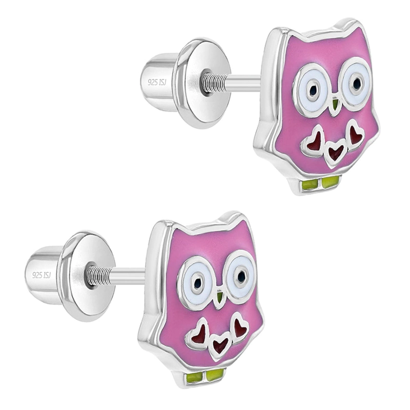 AROS CON FORMA DE BUHO DE PLATA 925 Y ESMALTADO ROSA PARA NIÑAS - 2