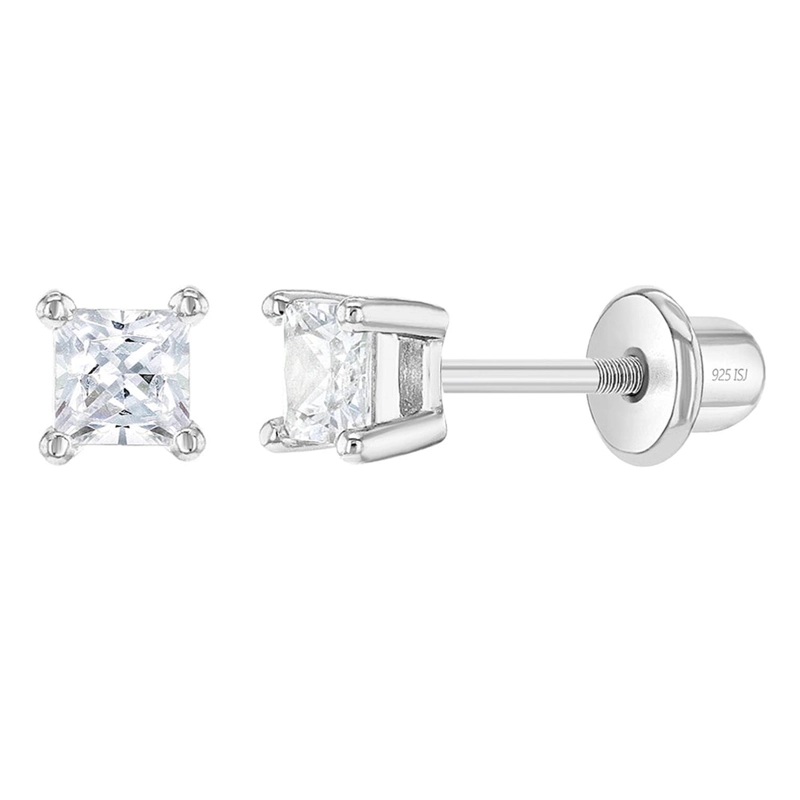 AROS SOLITARIO DE CIRCON CUADRADO DE PLATA 925 PARA BEBES Y NIÑAS - 1