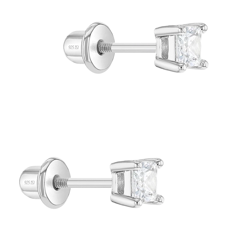 AROS SOLITARIO DE CIRCON CUADRADO DE PLATA 925 PARA BEBES Y NIÑAS - 2