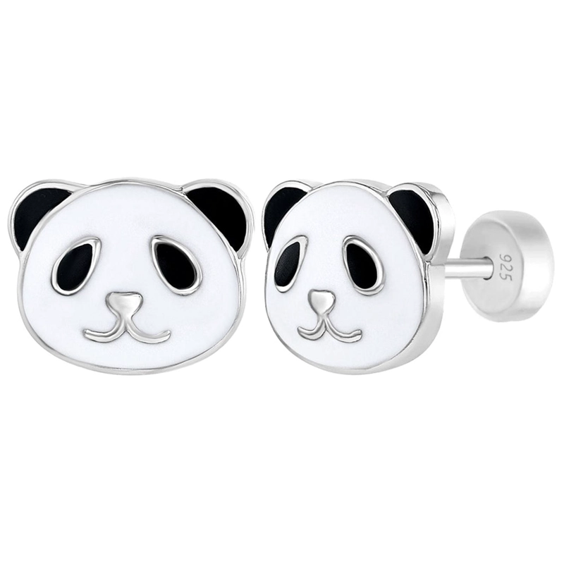 AROS DE OSO PANDA DE PLATA 925 ESMALTADO PARA NIÑAS - 1