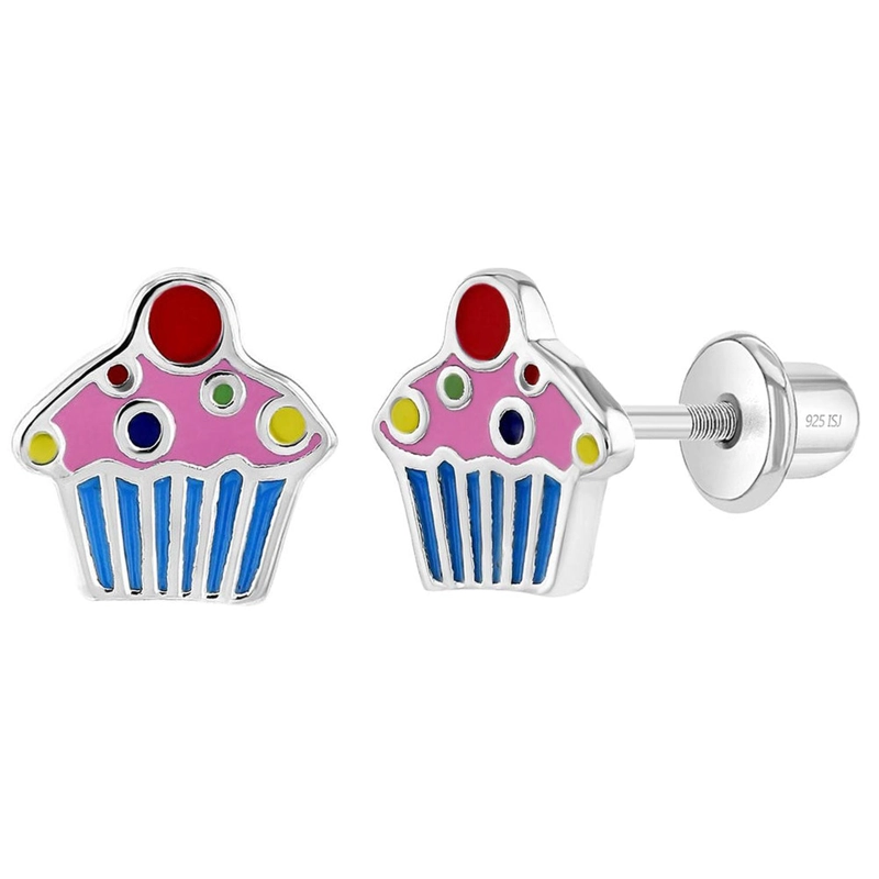 AROS DE CUPCAKE DE PLATA 925 CON ESMALTE COLORIDO PARA NIÑAS - 1