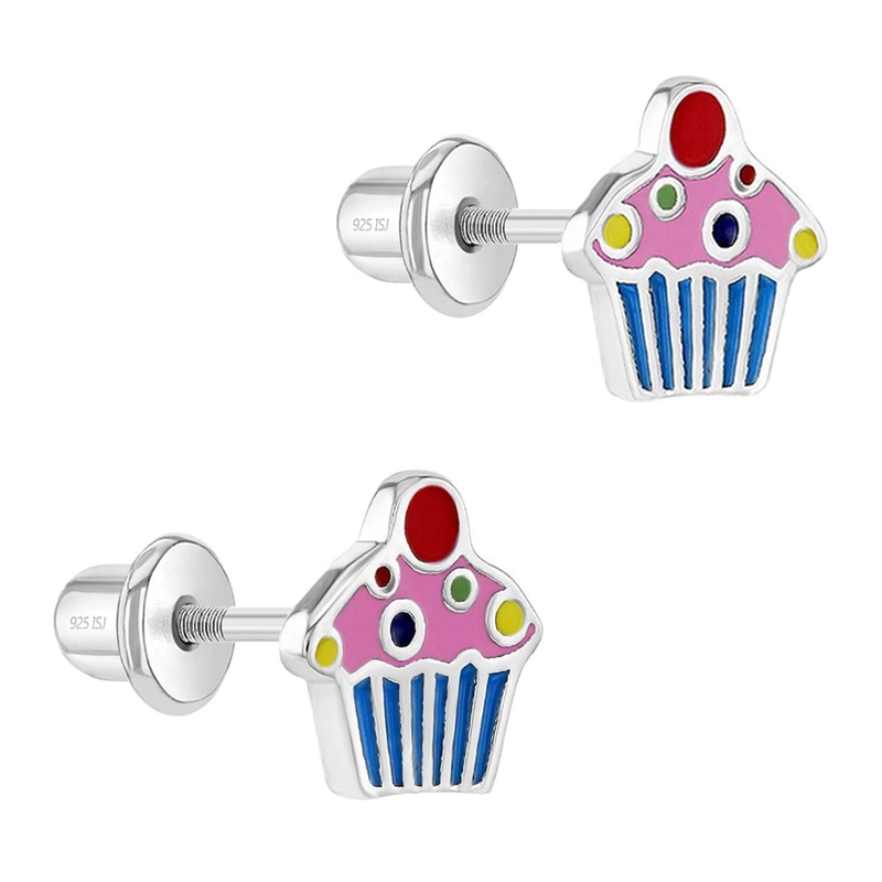 AROS DE CUPCAKE DE PLATA 925 CON ESMALTE COLORIDO PARA NIÑAS - 2