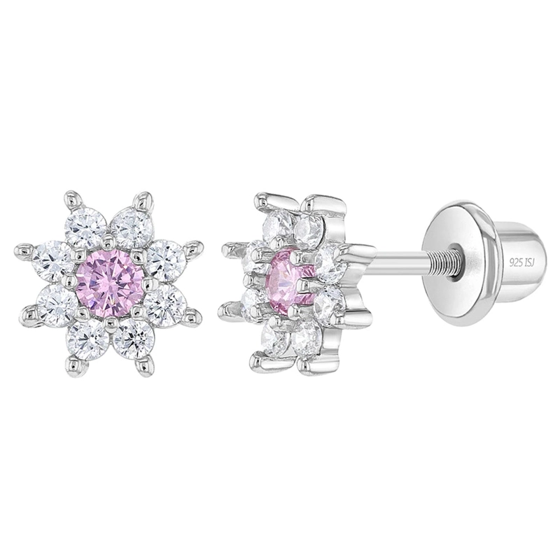 AROS DE FLOR CON CIRCONES ROSADOS Y TRANSPARENTES PARA BEBES - 1