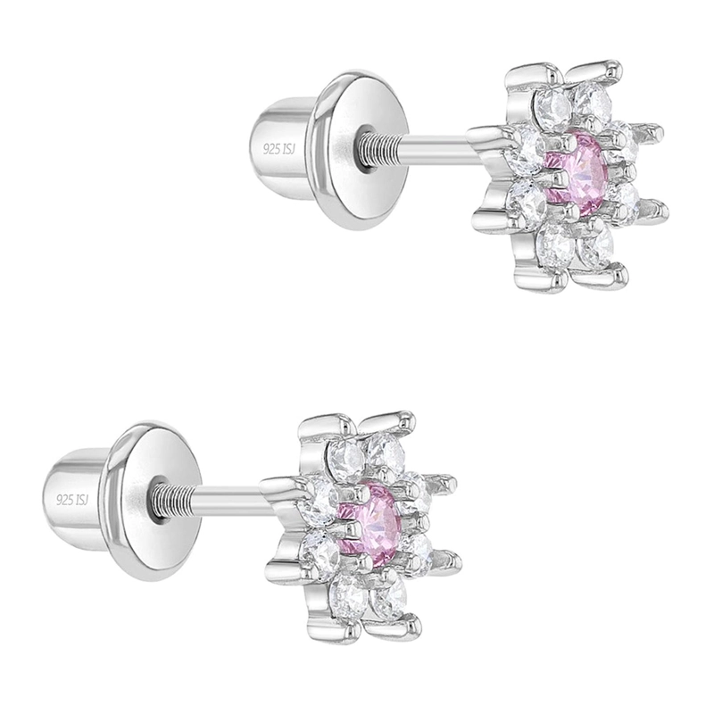 AROS DE FLOR CON CIRCONES ROSADOS Y TRANSPARENTES PARA BEBES - 2