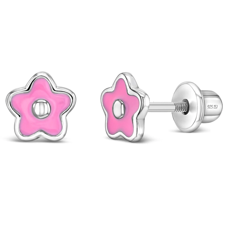 AROS DE FLOR CON ESMALTE ROSADO DE 6 MM PARA NIÑAS - 2