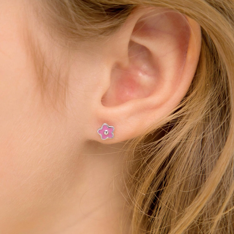 AROS DE FLOR CON ESMALTE ROSADO DE 6 MM PARA NIÑAS - 3