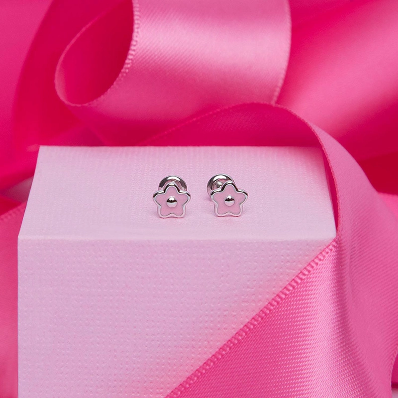 AROS DE FLOR CON ESMALTE ROSADO DE 6 MM PARA NIÑAS - 4
