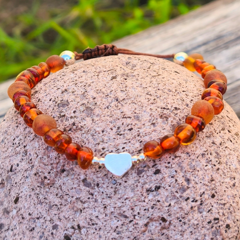 PULSERA DE AMBAR BALTICO CON DIJE DE CORAZON PLATA 925 - 1