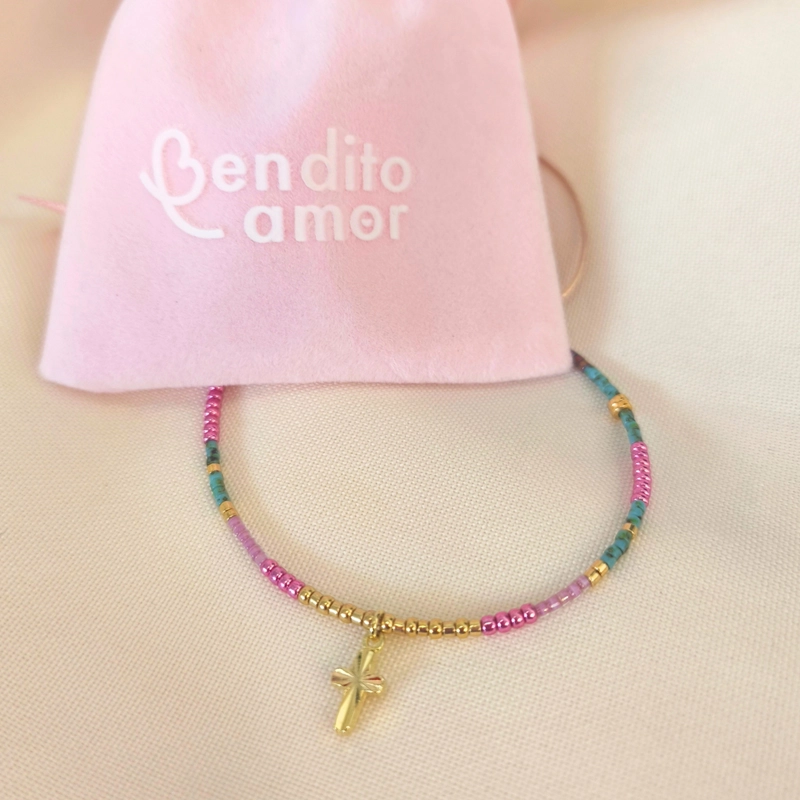 PULSERA MIYUKI AJUSTABLE ROSAS Y CRUZ BAÑADA EN ORO - 1