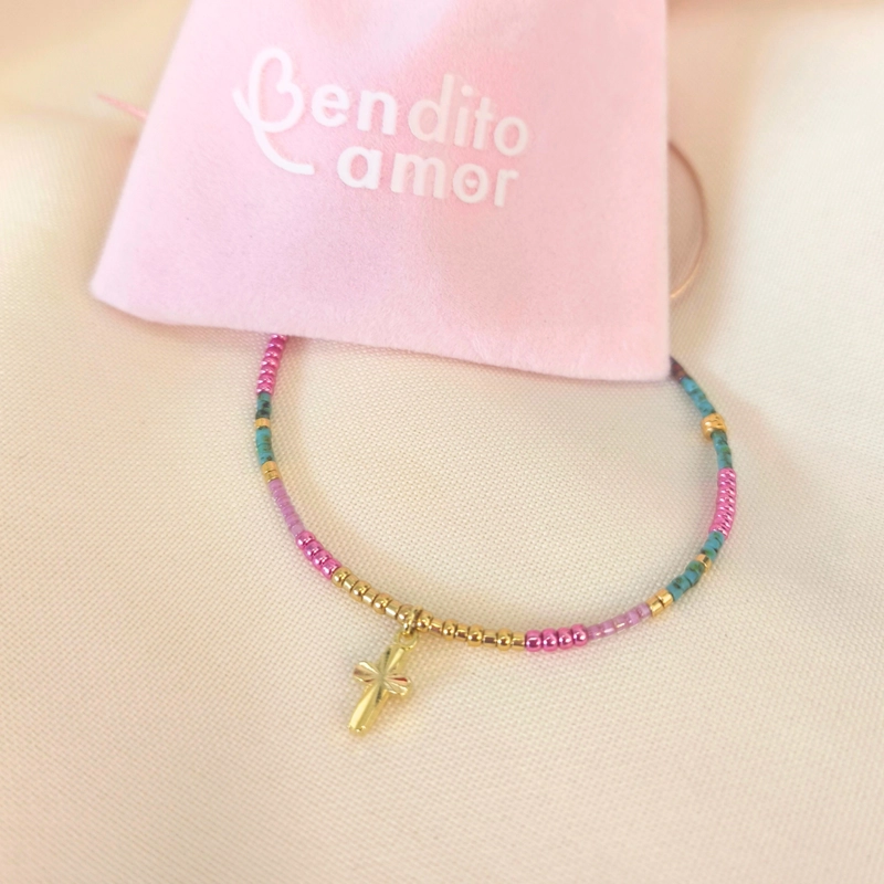 PULSERA MIYUKI AJUSTABLE ROSAS Y CRUZ BAÑADA EN ORO - 2