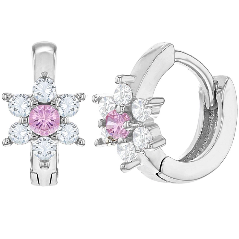 ARGOLLAS DE FLOR CON CIRCONIAS ROSADAS Y TRANSPARENTES DE PLATA 925 PARA NIÑAS - 1