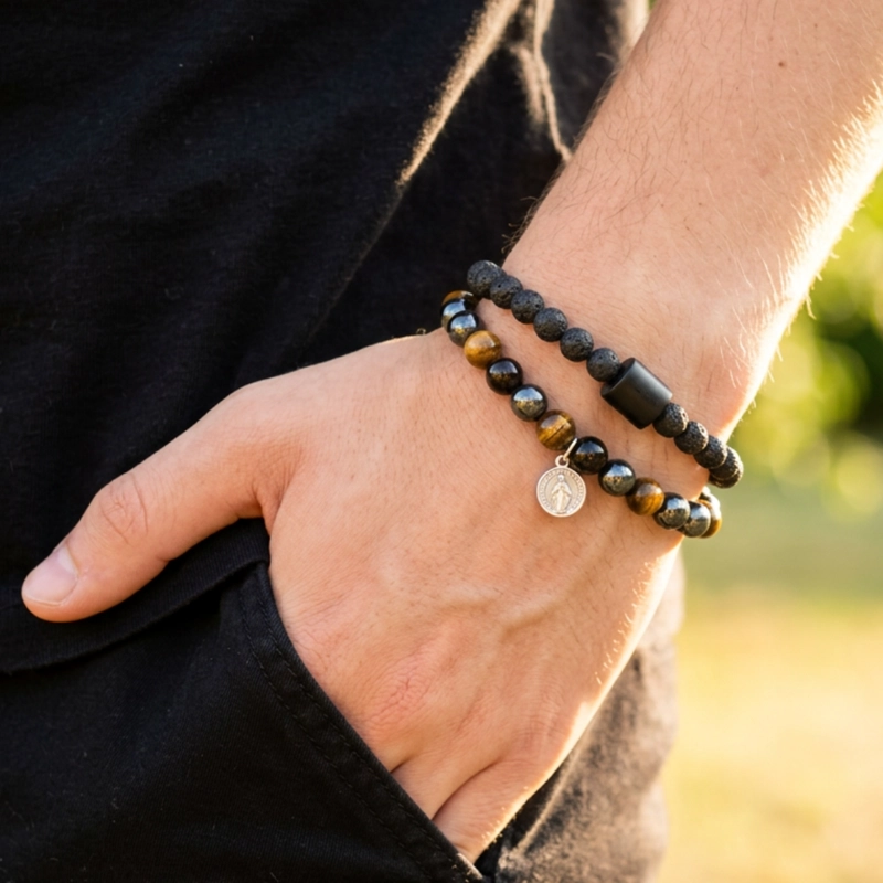 PULSERA DE PROTECCION SAN BENITO CON OJO DE TIGRE, HEMATITA, OBSIDIANA - 1