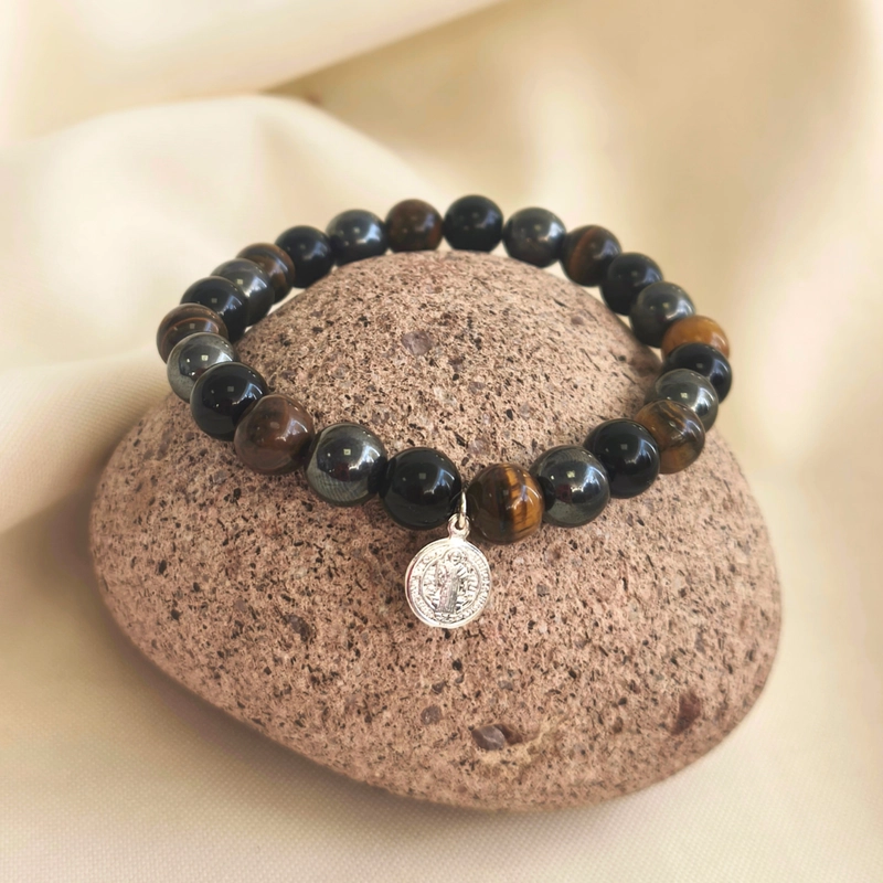 PULSERA DE PROTECCION SAN BENITO CON OJO DE TIGRE, HEMATITA, OBSIDIANA - 2