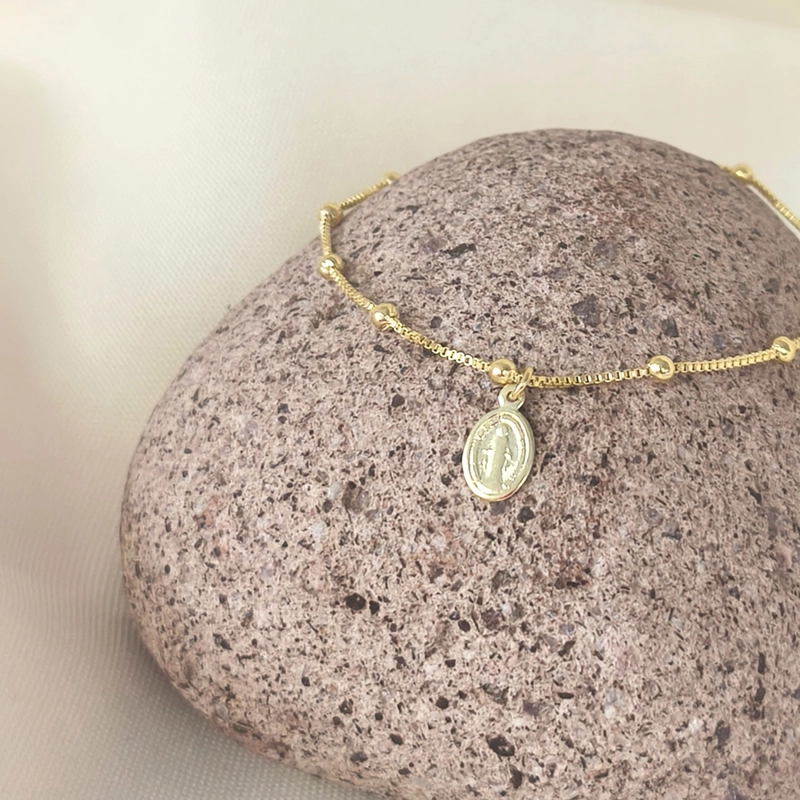 PULSERA VENECIANA BANADA EN ORO PROTECCION VIRGEN DE LOS RAYOS 17 CM