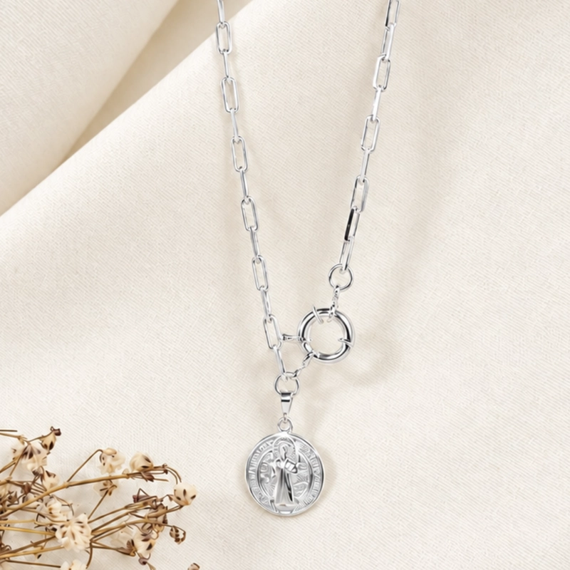 MAXI CADENA DE PLATA SAN BENITO – PROTECCION Y FE PARA LLEVAR CONTIGO CADA DIA - 1