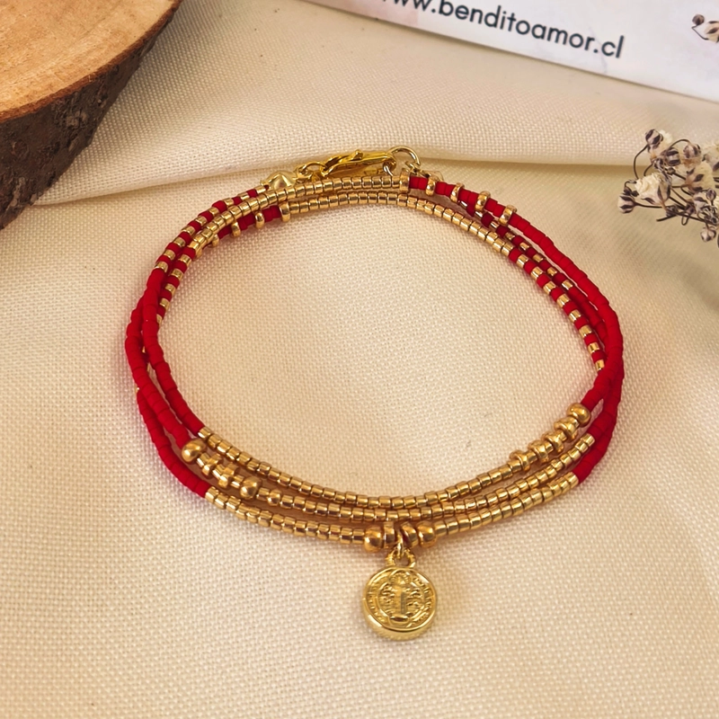 MAXI PULSERA ROJA CON DIJE SAN BENITO BAÑADO EN ORO – ESCUDO DE PROTECCION PARA EL DIA A DIA - 2