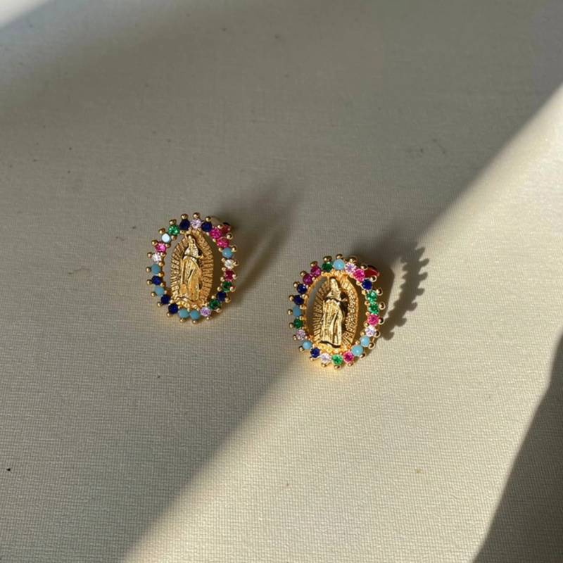 AROS VIRGEN MARIA BAÑADOS EN ORO CON CIRCONES DE COLORES 9 MM - 1