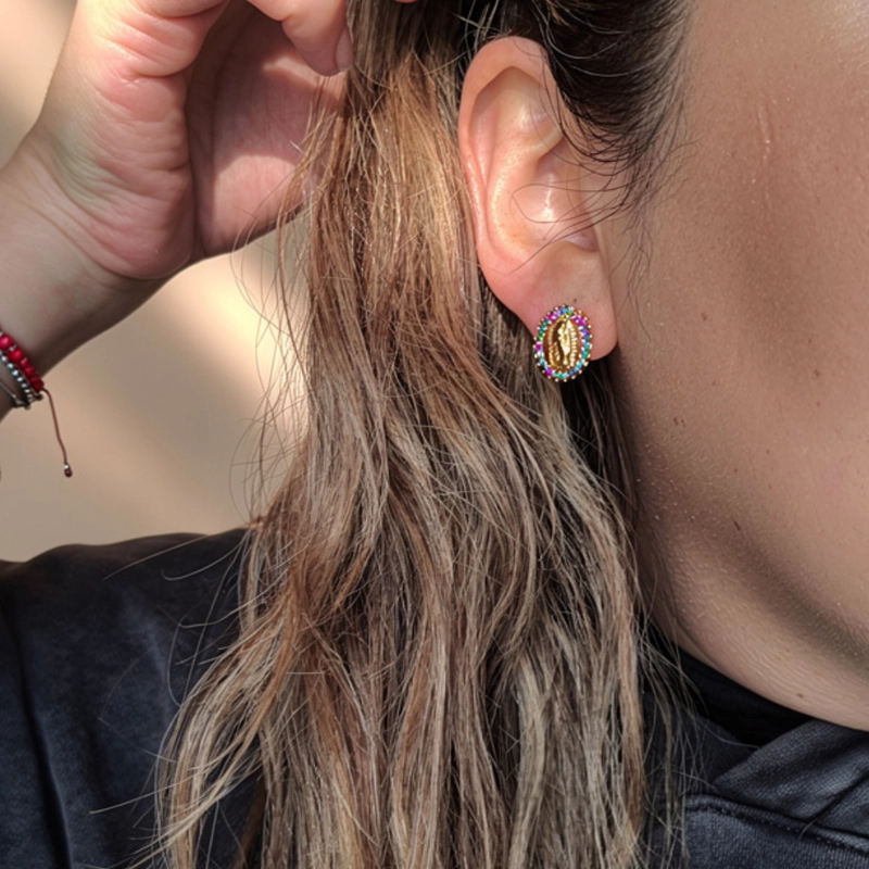 AROS VIRGEN MARIA BAÑADOS EN ORO CON CIRCONES DE COLORES 9 MM - 2