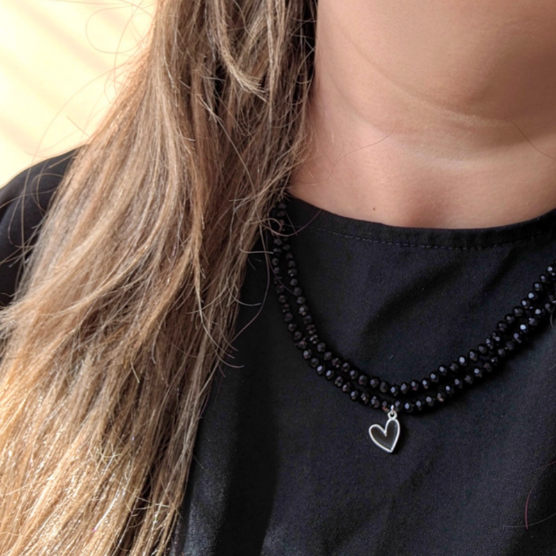 MAXI PULSERA O COLLAR DE CRISTALES NEGROS CON CORAZON DE PLATA | JOYA VERSATIL CON SIGNIFICADO - 1