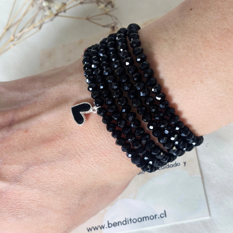MAXI PULSERA O COLLAR DE CRISTALES NEGROS CON CORAZON DE PLATA | JOYA VERSATIL CON SIGNIFICADO - 2