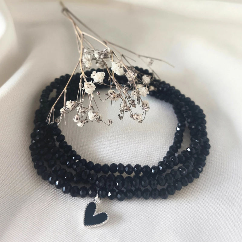 MAXI PULSERA O COLLAR DE CRISTALES NEGROS CON CORAZON DE PLATA | JOYA VERSATIL CON SIGNIFICADO - 3