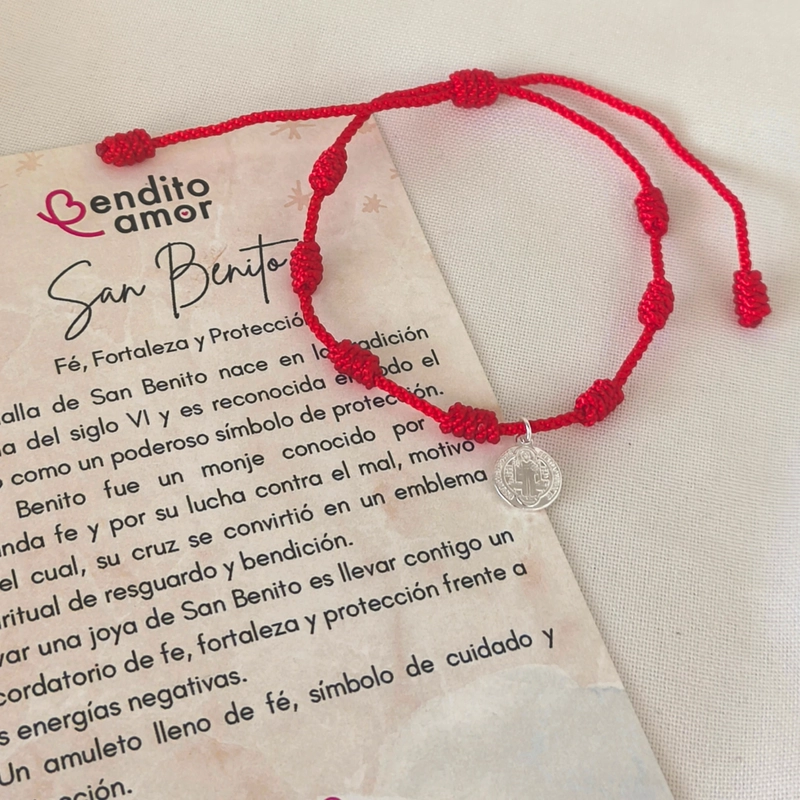 PULSERA 7 NUDOS ROJOS PARA ADULTO CON MEDALLA DE SAN BENITO EN PLATA 925 - 2