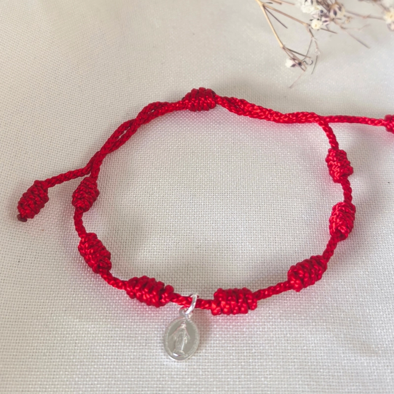 PULSERA 7 NUDOS ROJOS PARA ADULTO CON MEDALLA VIRGEN MILAGROSA PLATA 925 - 1