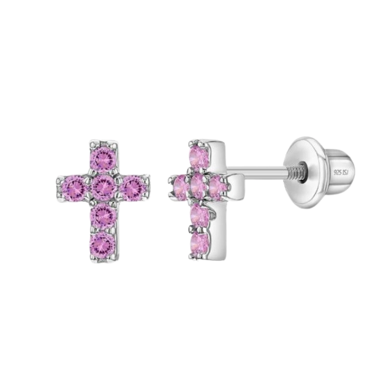 AROS DE CRUZ DE PLATA 925 CERTIFICADA CON CIRCONES ROSADOS PARA BEBES Y NIÑAS - 1