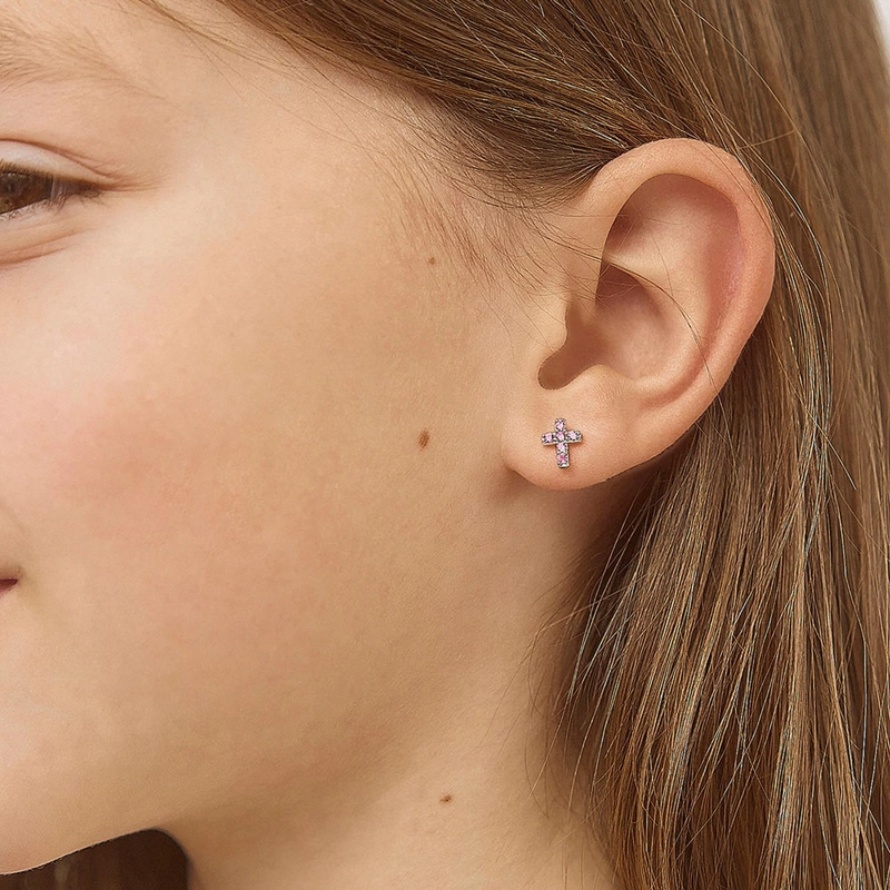AROS DE CRUZ DE PLATA 925 CERTIFICADA CON CIRCONES ROSADOS PARA BEBES Y NIÑAS - 2