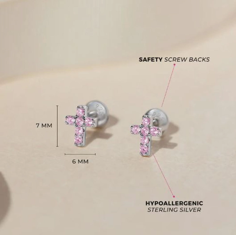 AROS DE CRUZ DE PLATA 925 CERTIFICADA CON CIRCONES ROSADOS PARA BEBES Y NIÑAS - 3