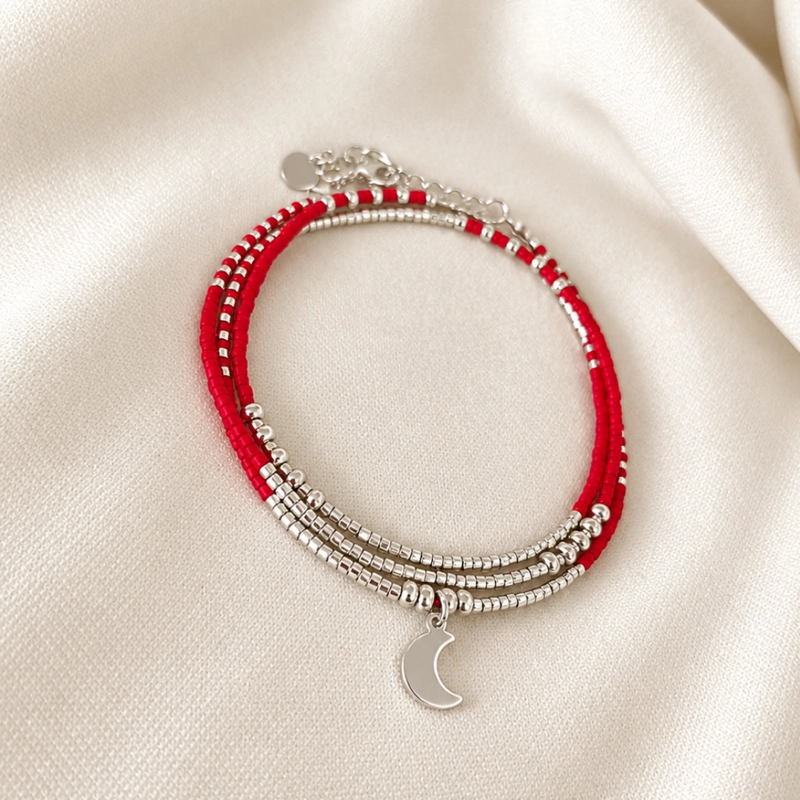 MAXI PULSERA MIYUKI ROJA CON LUNA DE PLATA — 3 EN 1: PULSERA, COLLAR O TOBILLERA - 2