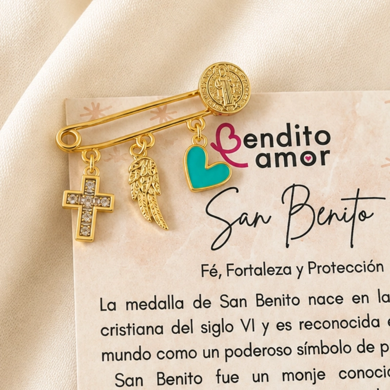PRENDEDOR SAN BENITO BAÑADO EN ORO — CON CRUZ DE CIRCONES, ALITA DE ANGEL Y CORAZON TURQUESA - 1
