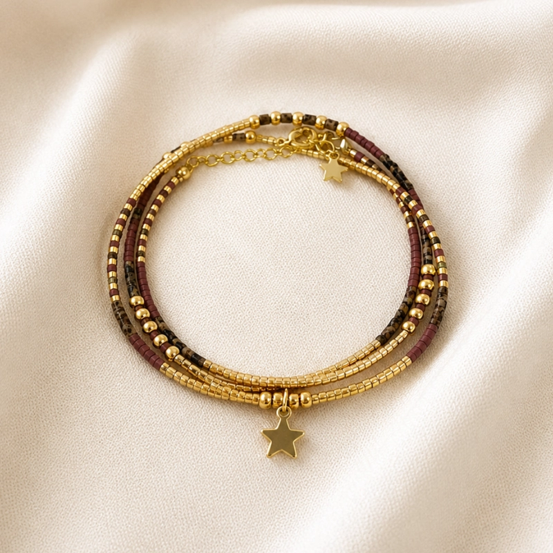 MAXI PULSERA MIYUKI TONOS TIERRA CON OJO DE TIGRE Y ESTRELLA BAÑADA EN ORO – FUERZA Y PROTECCION PAR - 1