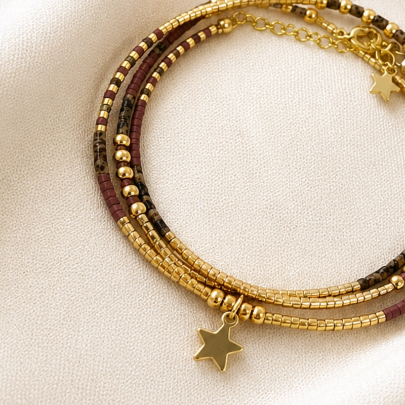 MAXI PULSERA MIYUKI TONOS TIERRA CON OJO DE TIGRE Y ESTRELLA BAÑADA EN ORO – FUERZA Y PROTECCION PAR - 2