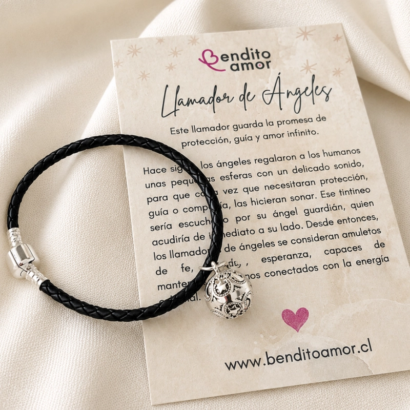 PULSERA DE CUERO NEGRO CON LLAMADOR DE ANGELES DE PLATA 925 – PROTECCION QUE SE ESCUCHA - 3