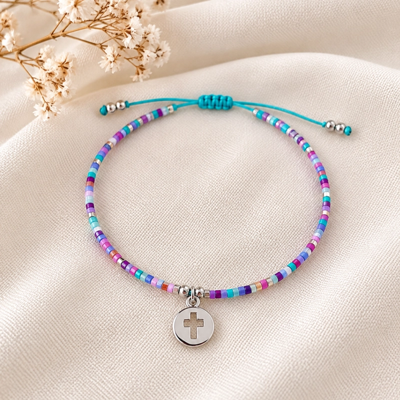 CELEBREMOS MI PRIMERA COMUNION – PULSERA MIYUKI DE COLORES CON CRUZ DE PLATA - 1
