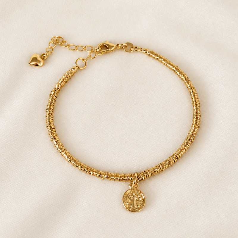 PULSERA DE MOSTACILLAS BAÑADAS EN ORO 18K CON MEDALLA DE SAN BENITO – 17 CM CON EXTENSION - 1