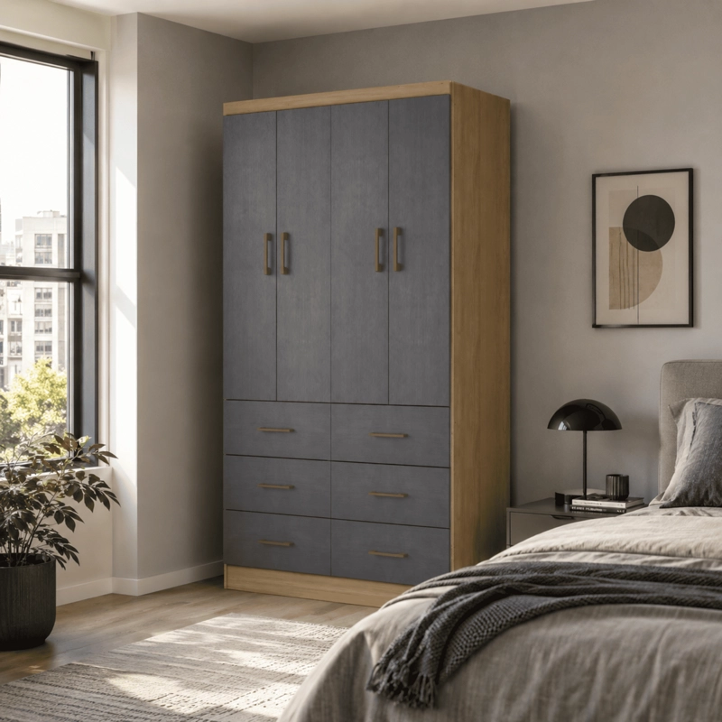 CLOSET 4 PUERTAS 6 CAJONES ROBLE/ GRAFITO - 1