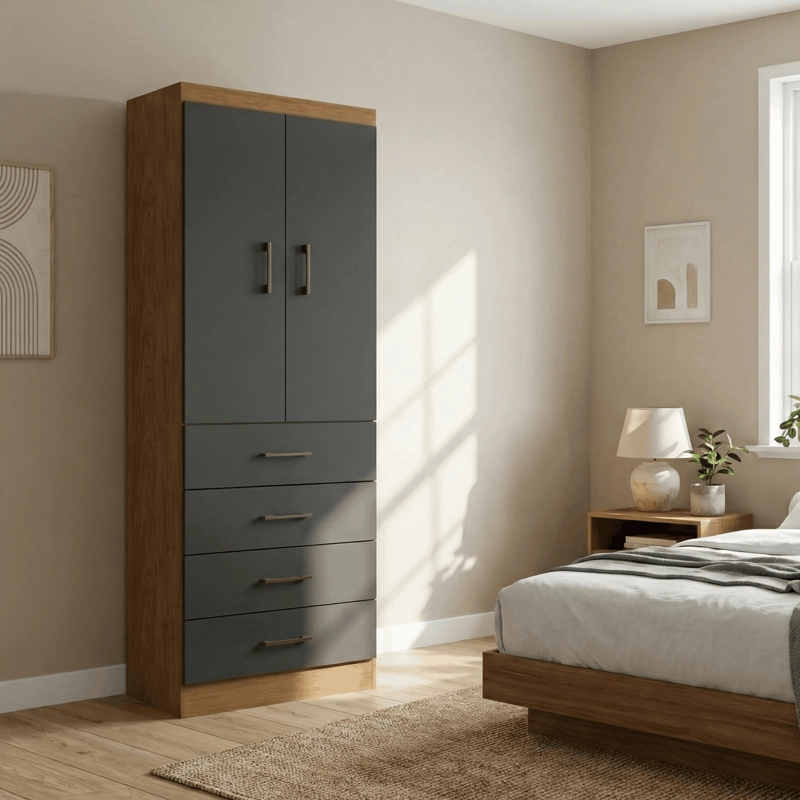 Closet De 2 Puertas 4 Cajones 62x182x40 cm Roble-Negro - 1