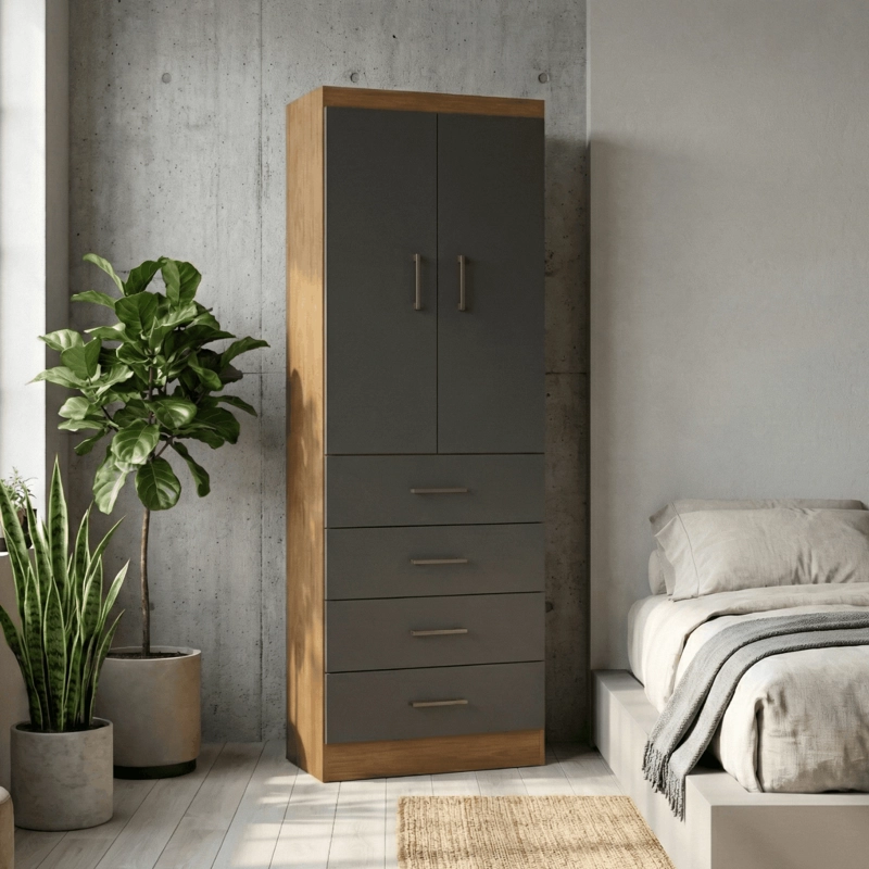 Closet De 2 Puertas 4 Cajones 62x182x40 cm Roble-Negro - 2