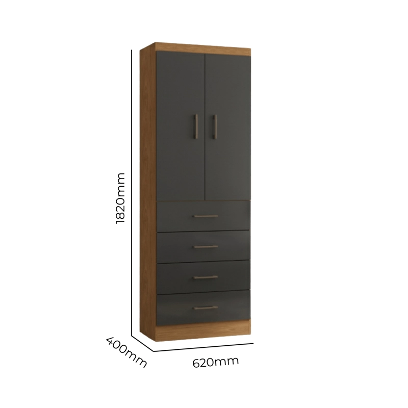 Closet De 2 Puertas 4 Cajones 62x182x40 cm Roble-Negro - 5