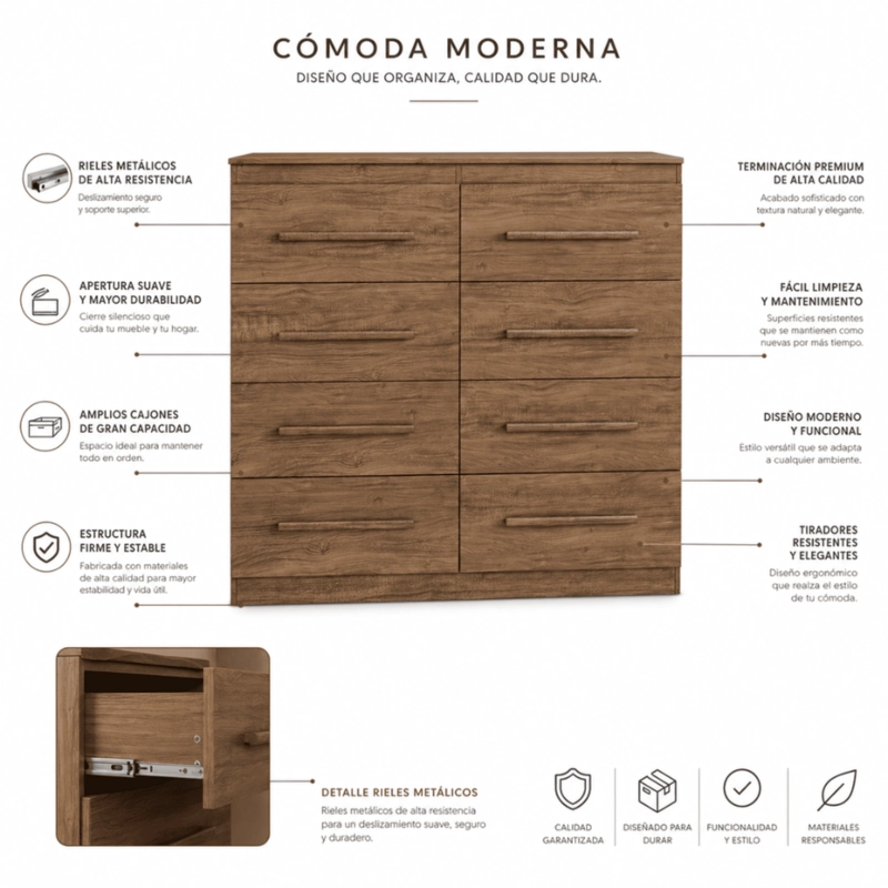 Cómoda Cajonera Arizona Plus 8 Cajones Café Correderas Metálicas 102x121x39 - 4