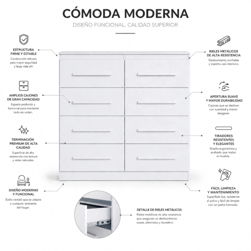 Cómoda Cajonera Arizona Plus 8 Cajones 102x121x39 cm Blanca Correderas Metálicas - 3