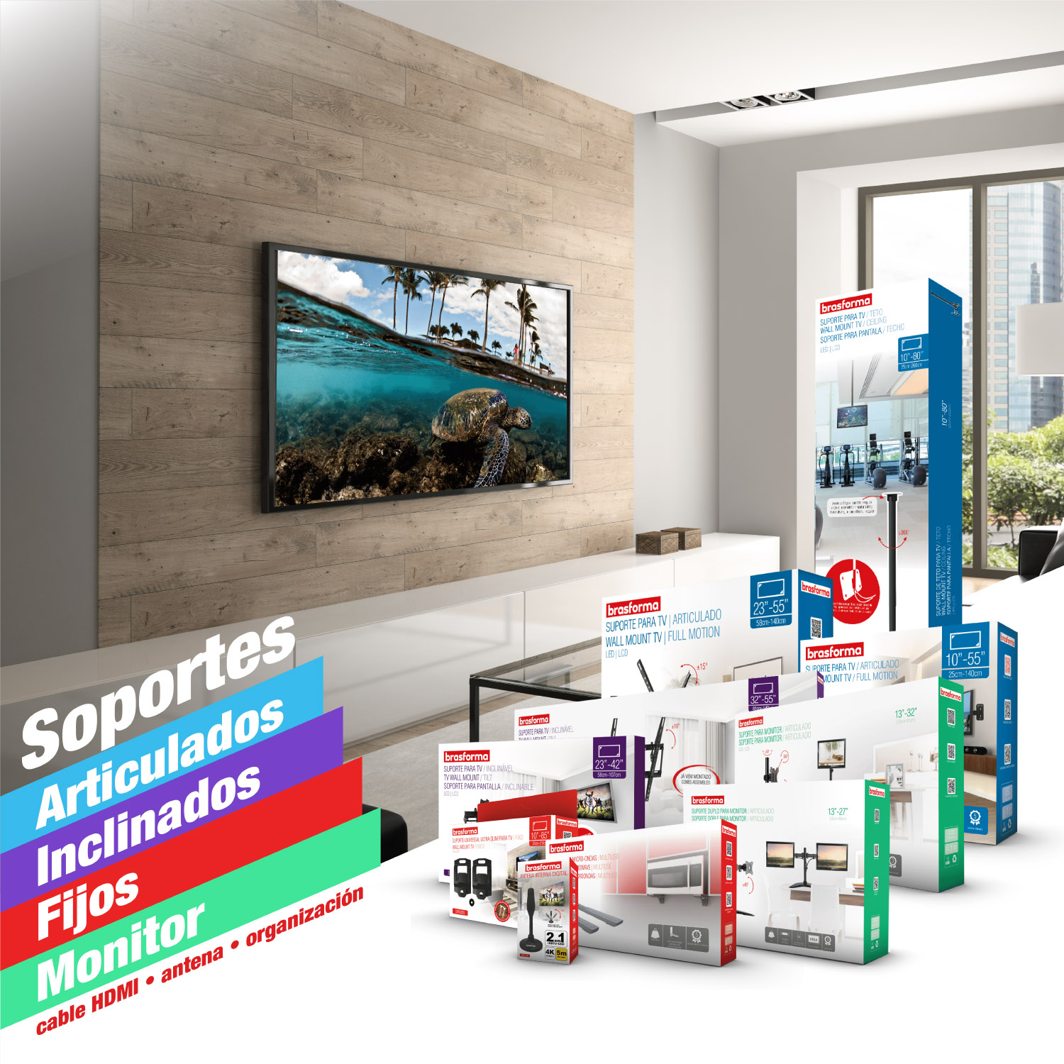 SOPORTE TV FT-041 ULTRA SLIM UNIVERSAL 32'' A 55'' MURO O TABIQUE NEGRO BRASFORMA - 5