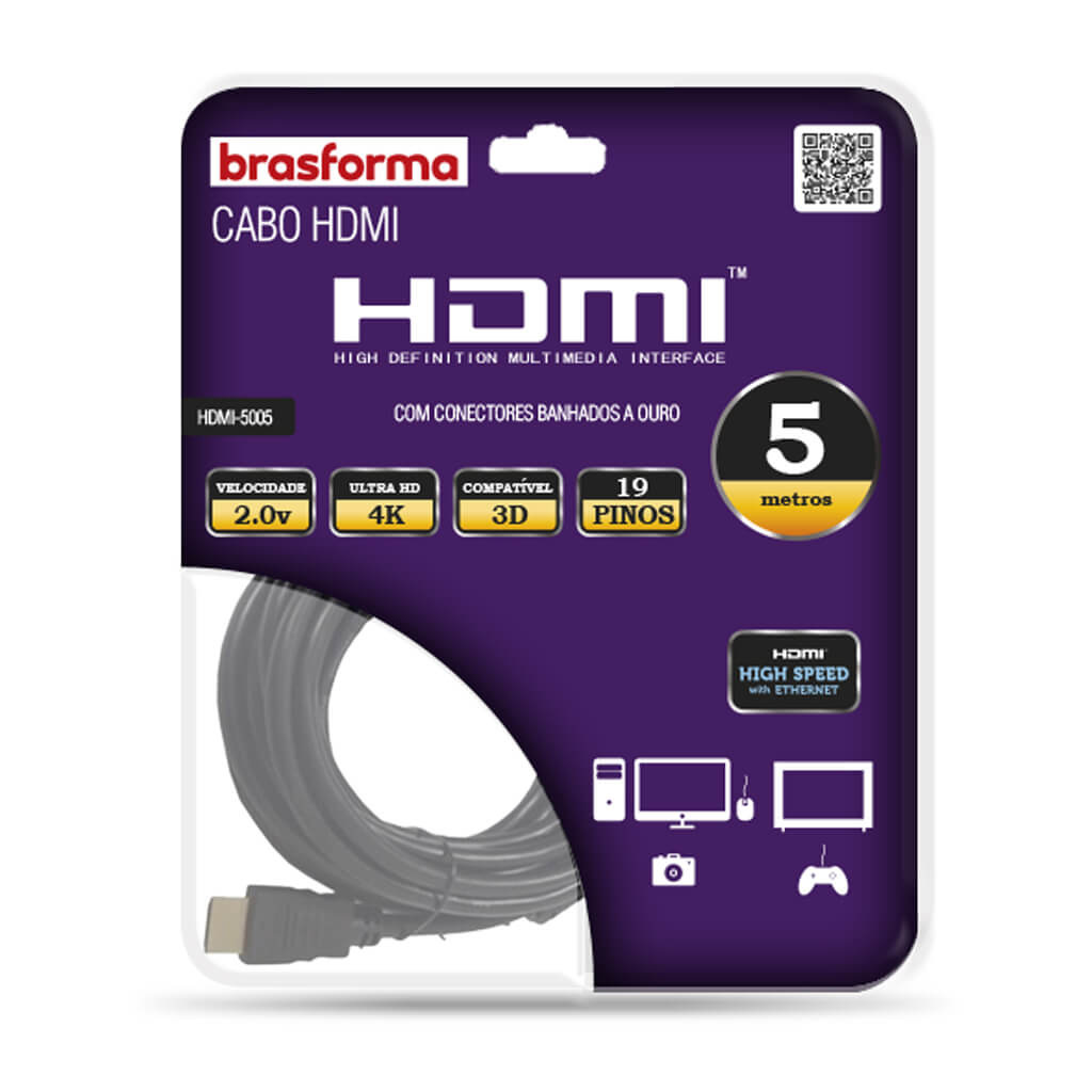 CABLE HDMI / HDMI BRASFORMA 4K 5METROS- 2.0V 3D READY ARC HDR - 1
