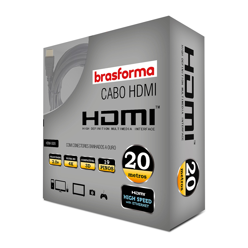 CABLE HDMI / HDMI BRASFORMA 20MTS 4K- 2.0V 3D READY ARC HDR - 1
