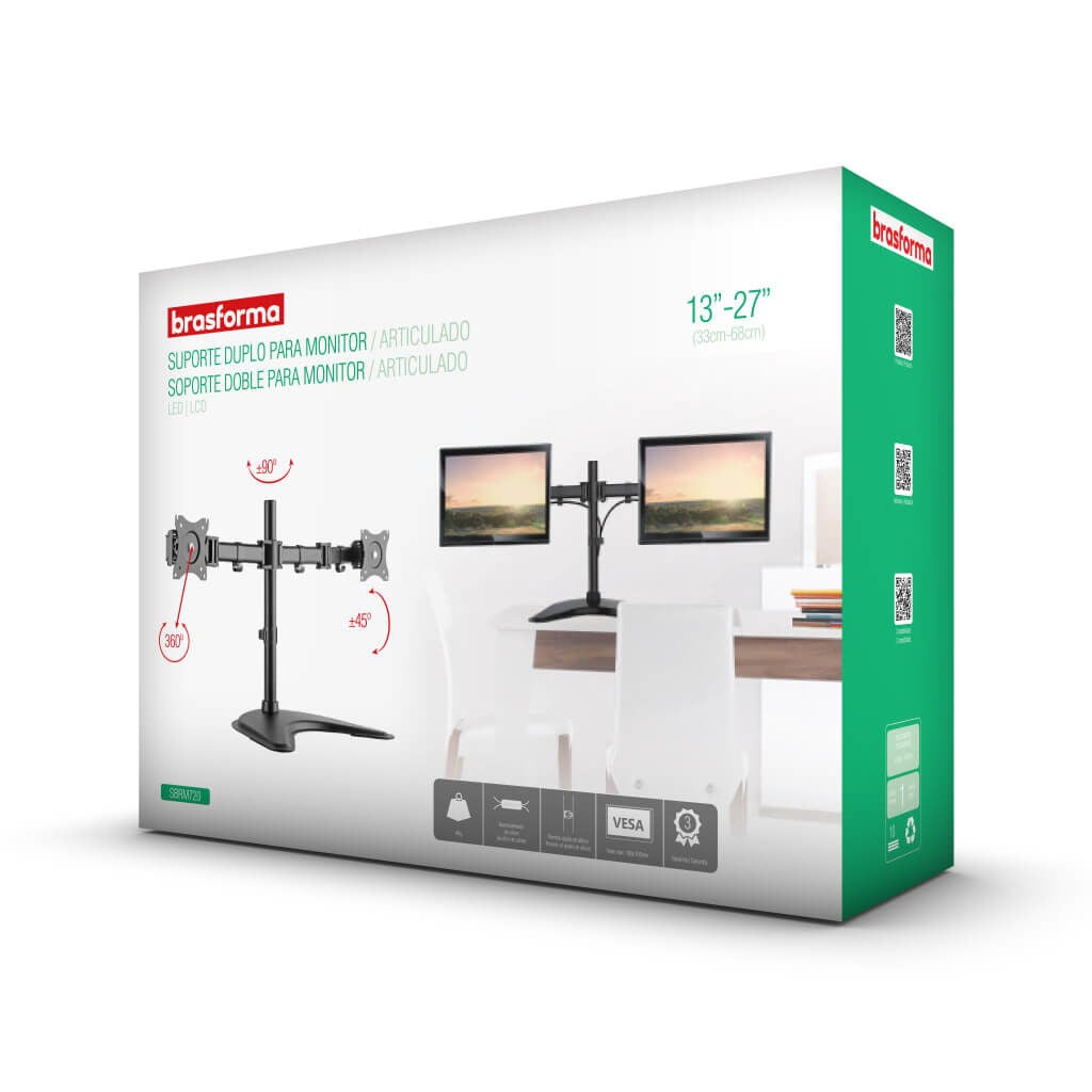 SOPORTE BRASFORMA 2 MONITORES/TV 13' A 27” -BASE 18KG 360° NEGRO - 4