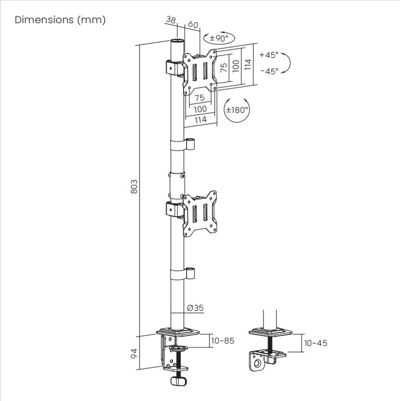 Soporte para 2 monitores 17" a 32" en Vertical  20kg  360° - BM725 Brasforma - 4