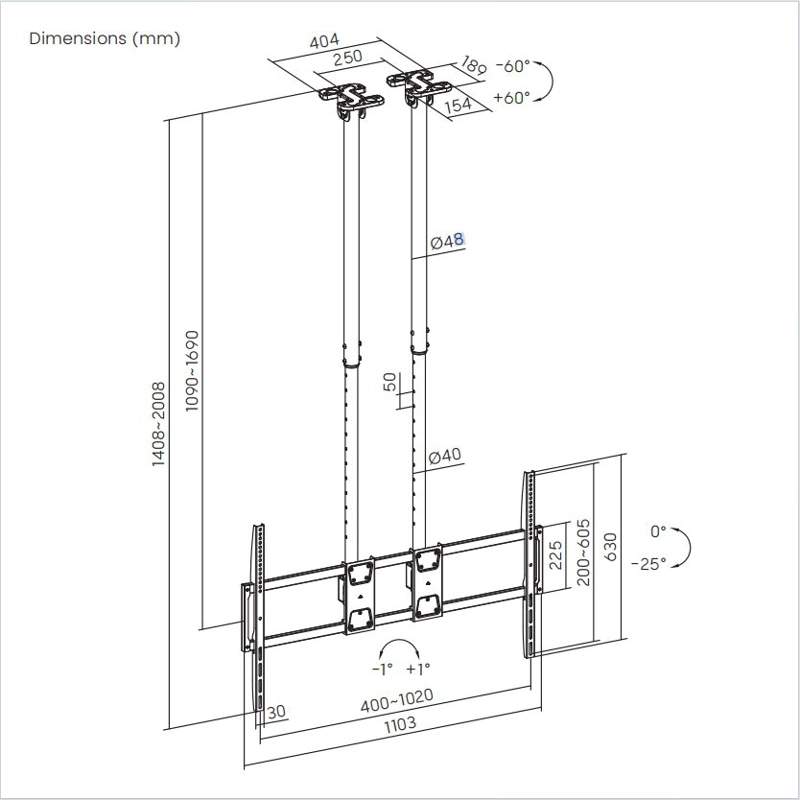 Soporte de TV para Techo con Doble Tubo alta carga  60" a 120" 120kg  SBRP15610L  Brasforma - 3