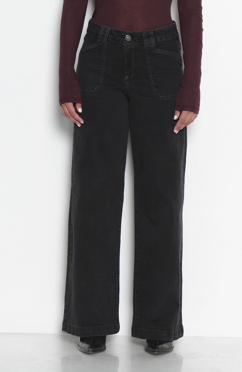 JEANS MUJER  WIDE CARGO TIRO MEDIO PRETINA BASICA UN BOTON - 1